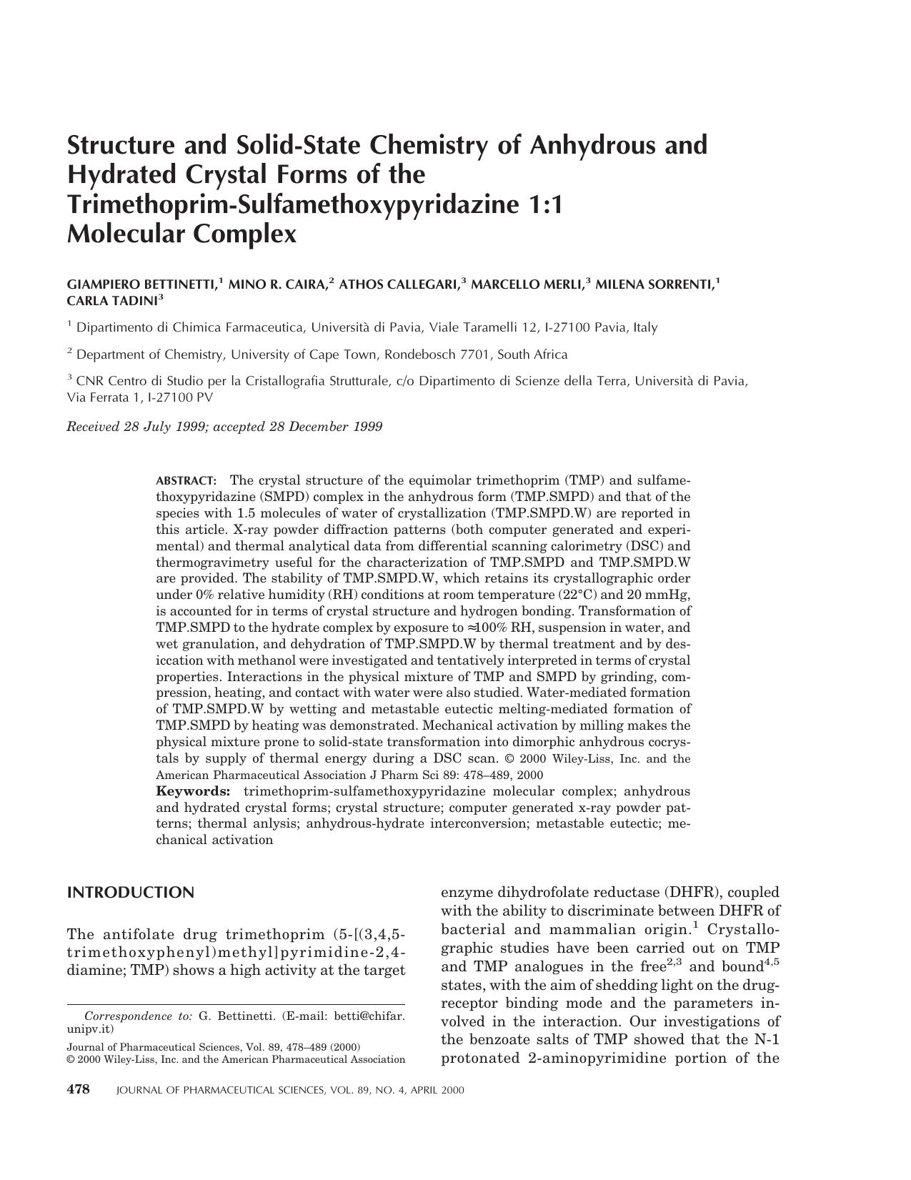 Structure and solid-state chemistry of anhydrous and hydrated crystal forms of the trimethoprim-sulfamethoxypyridazine 1:1 molecular complex by Unknown