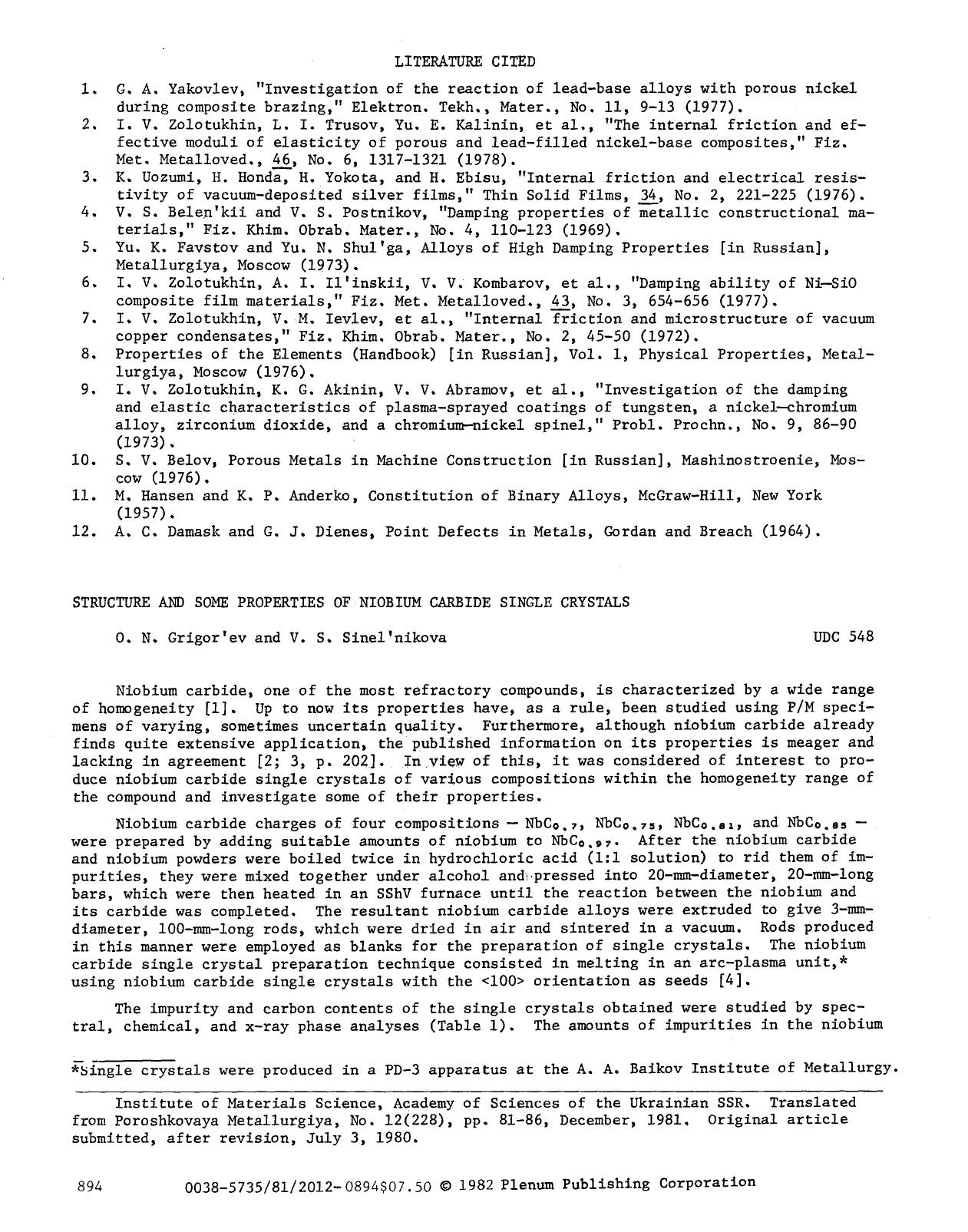 Structure and some properties of niobium carbide single crystals by Unknown