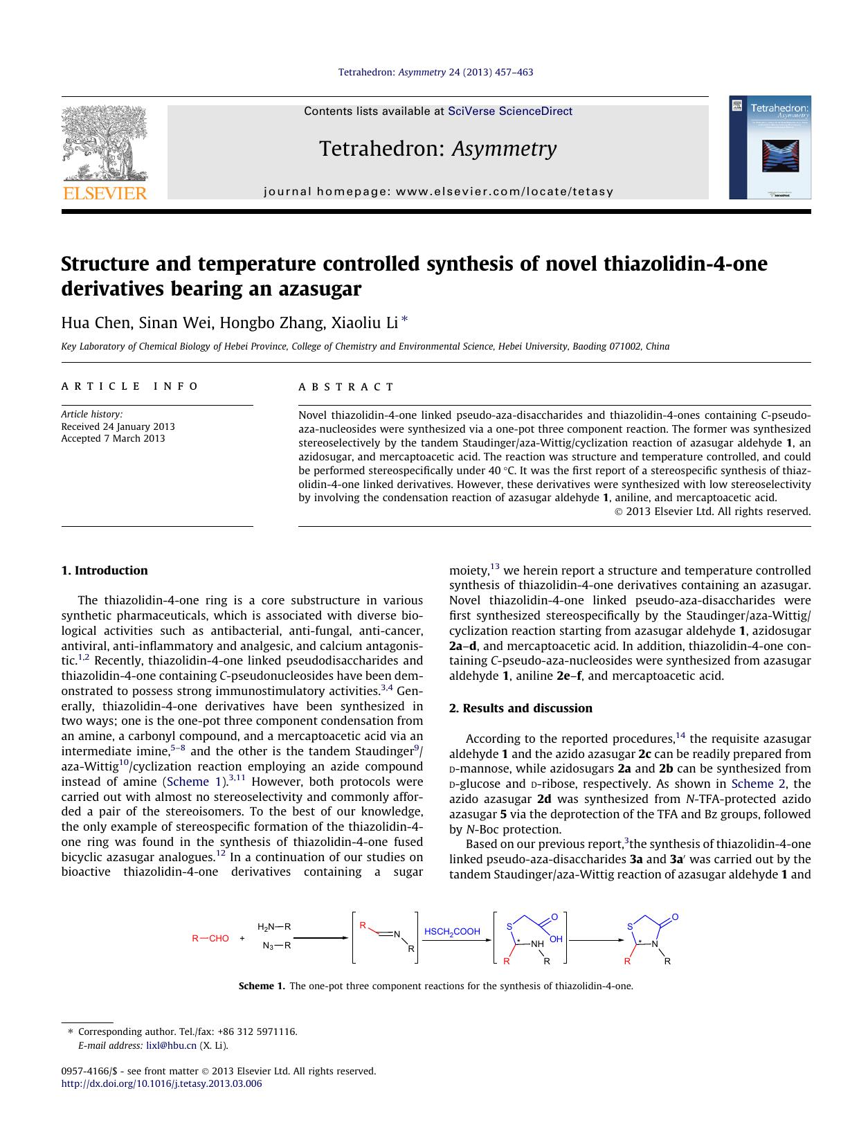 Structure and temperature controlled synthesis of novel thiazolidin-4-one derivatives bearing an azasugar by Hua Chen & Sinan Wei & Hongbo Zhang & Xiaoliu Li