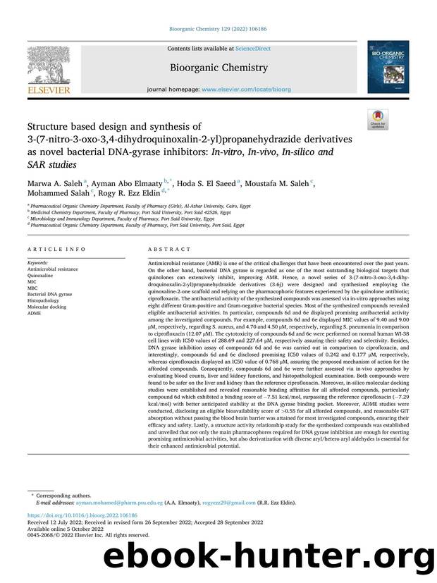 Structure based design and synthesis of 3-(7-nitro-3-oxo-3,4-dihydroquinoxalin-2-yl)propanehydrazide derivatives as novel bacterial DNA-gyrase inhibitors: In-vitro , In-vivo , In-s by unknow