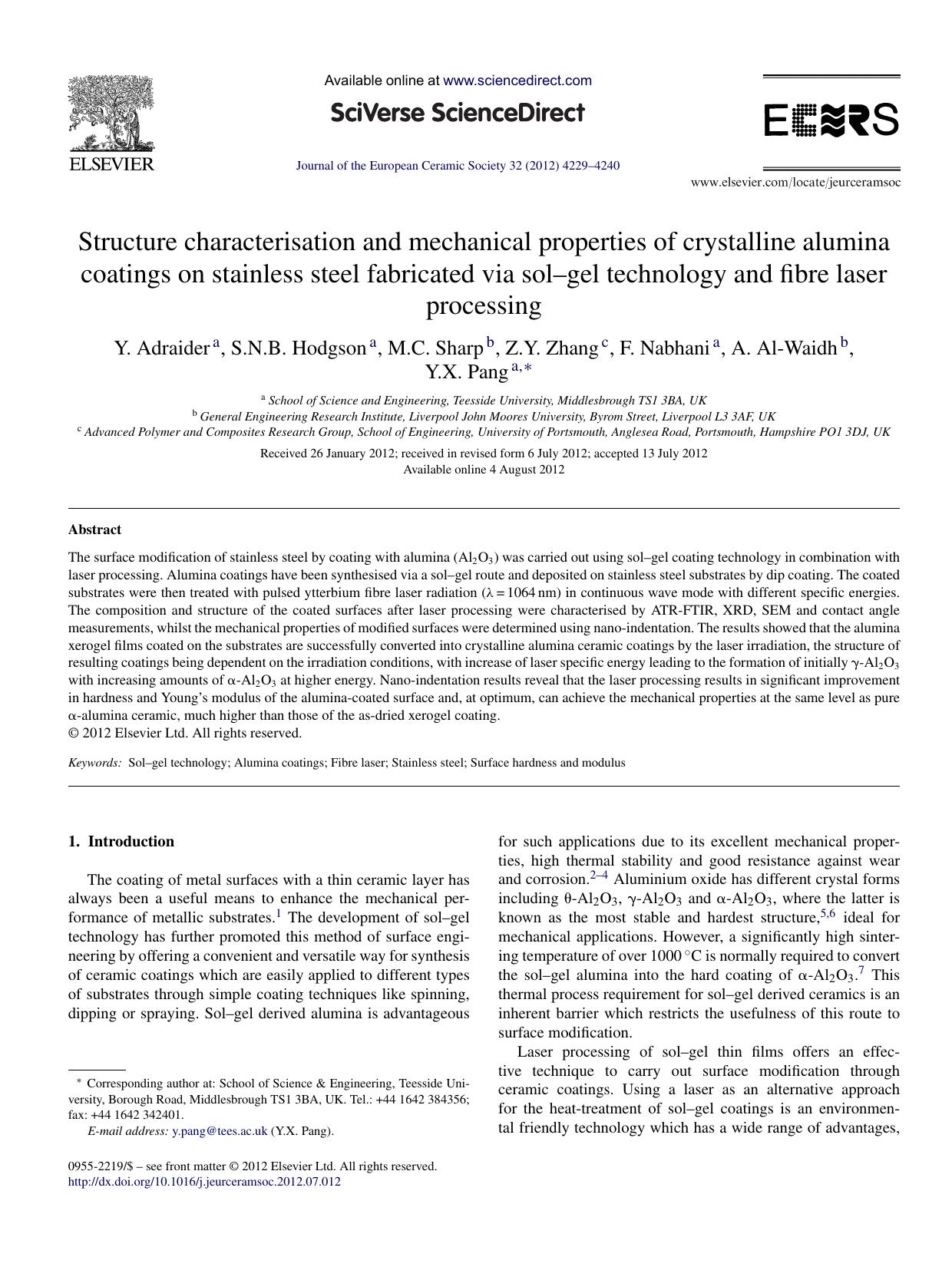 Structure characterisation and mechanical properties of crystalline alumina coatings on stainless steel fabricated via solâgel technology and fibre laser processing by Y. Adraider
