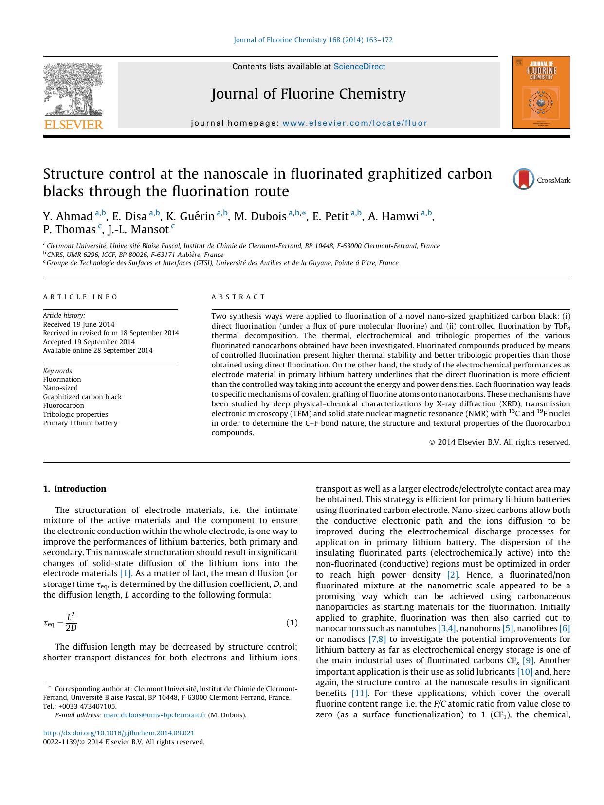 Structure control at the nanoscale in fluorinated graphitized carbon blacks through the fluorination route by Y. Ahmad & E. Disa & K. Guérin & M. Dubois & E. Petit & A. Hamwi & P. Thomas & J.-L. Mansot