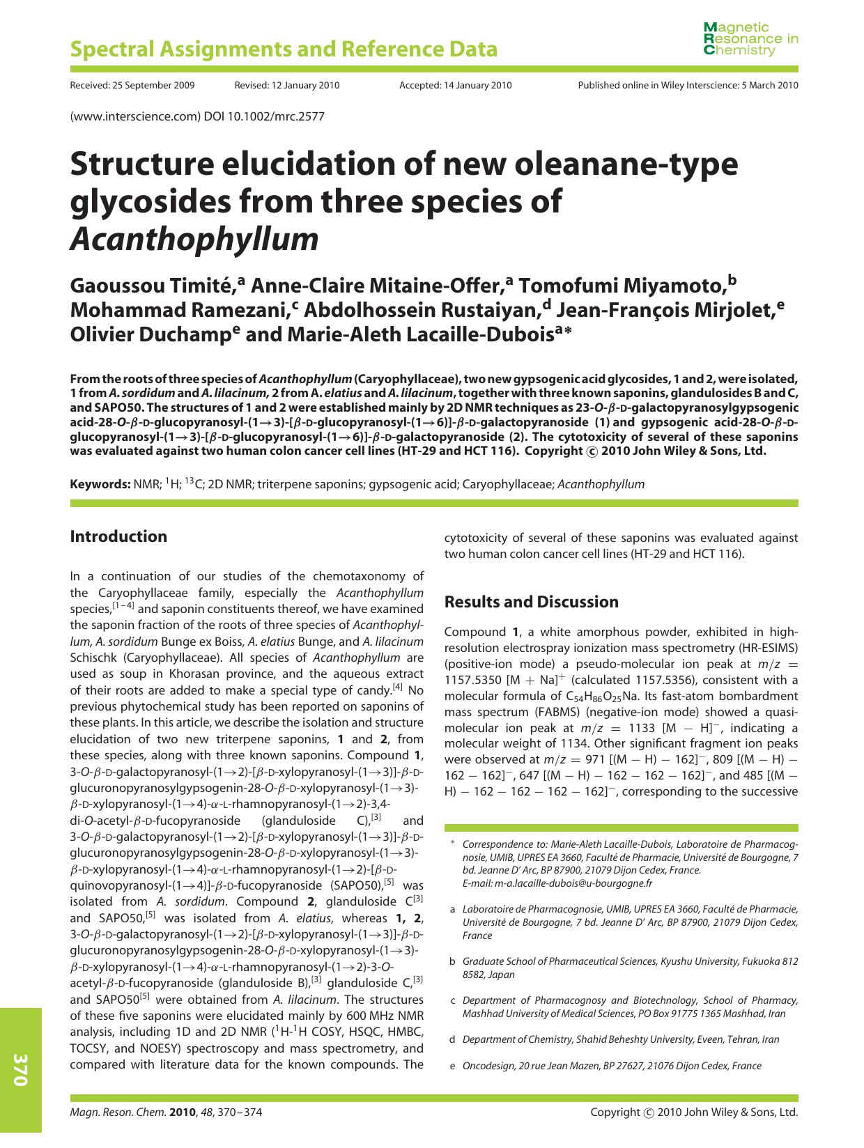 Structure elucidation of new oleanane?type glycosides from three species of Acanthophyllum by Unknown