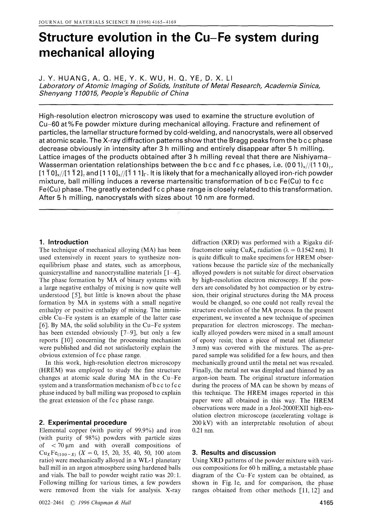 Structure evolution in the Cu-Fe system during mechanical alloying by Unknown