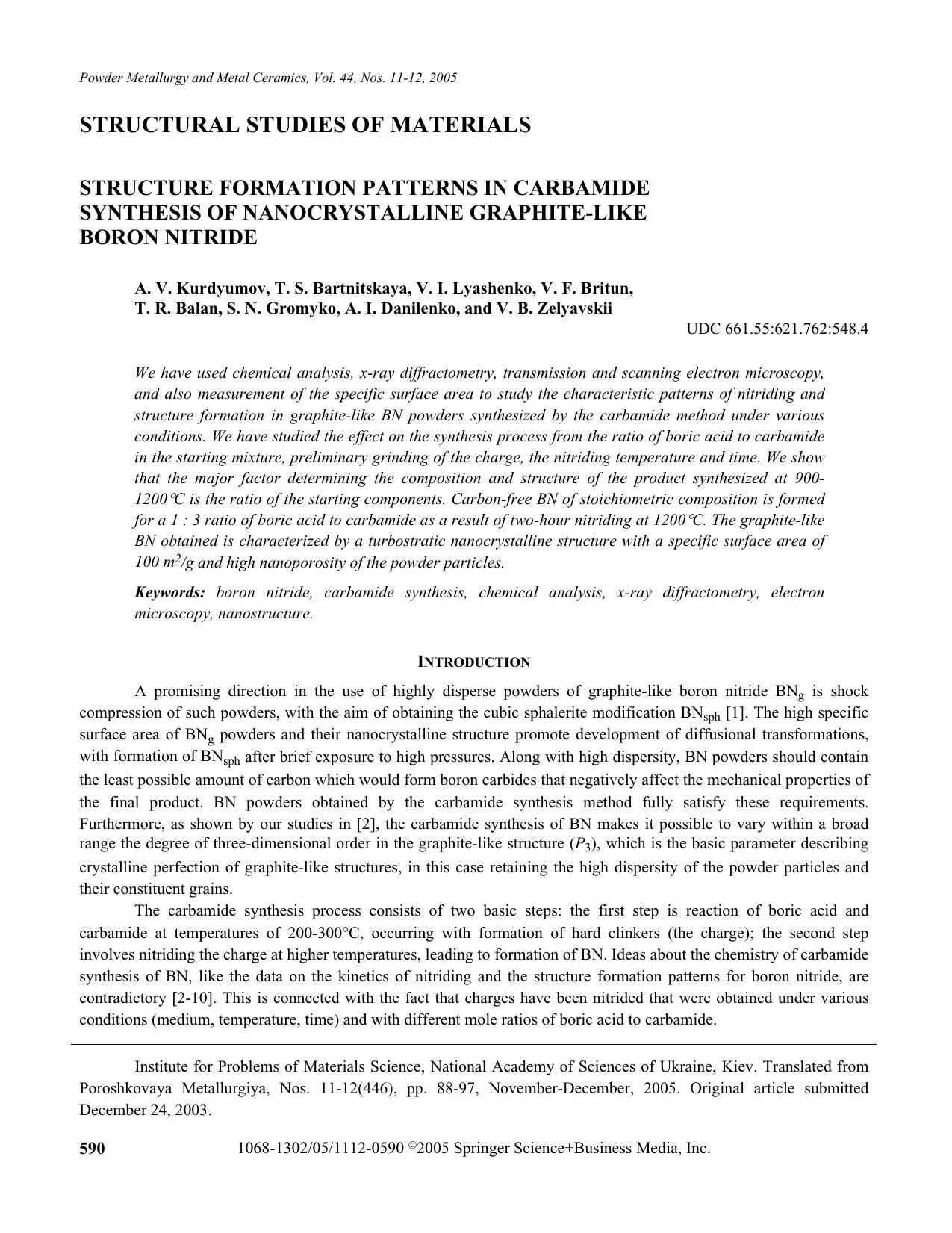 Structure formation patterns in carbamide synthesis of nanocrystalline graphite-like boron nitride by Unknown