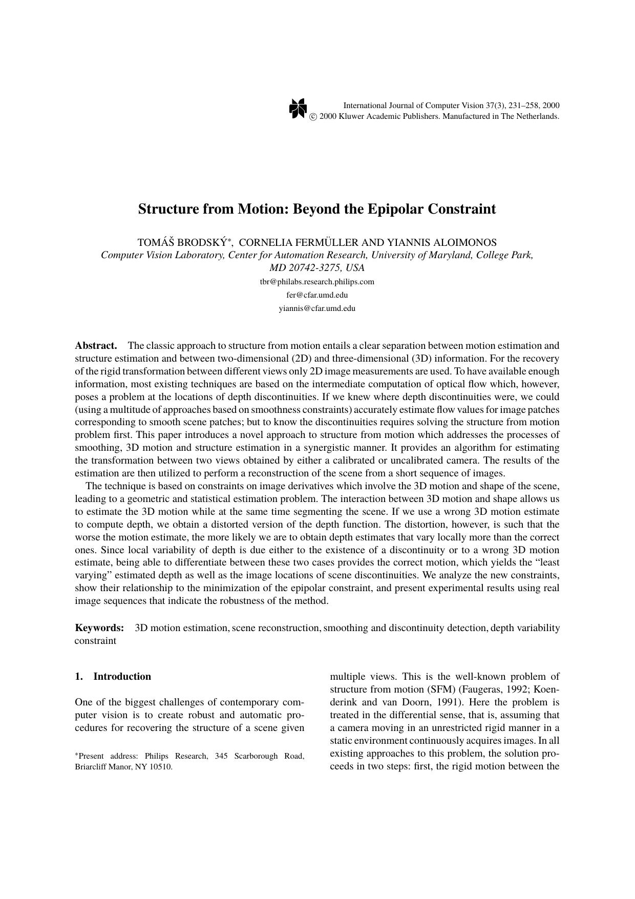 Structure from Motion: Beyond the Epipolar Constraint by Structure from Motion Beyond the Epipolar Constraint