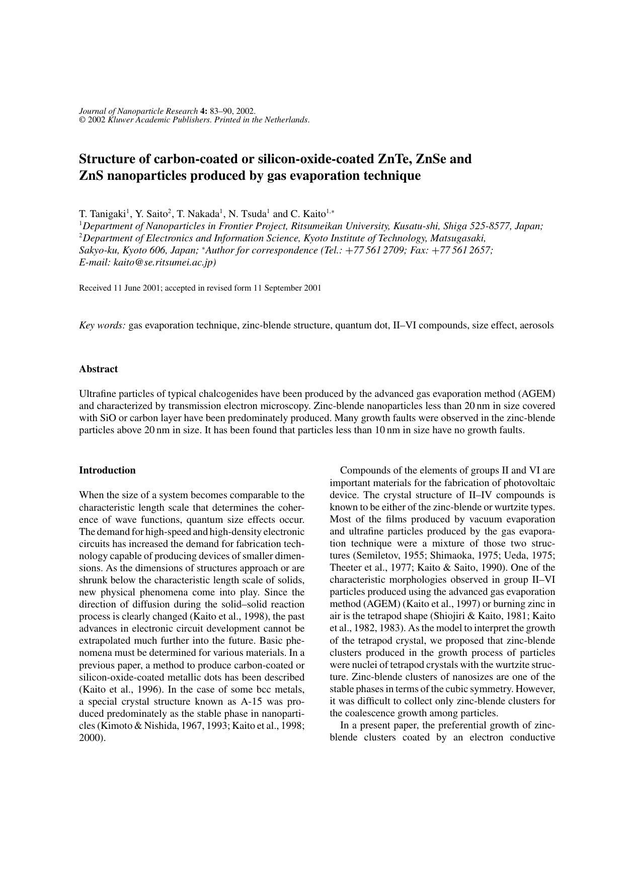 Structure of Carbon-coated or Silicon-oxide-coated ZnTe, ZnSe and ZnS Nanoparticles Produced by Gas Evaporation Technique by Unknown