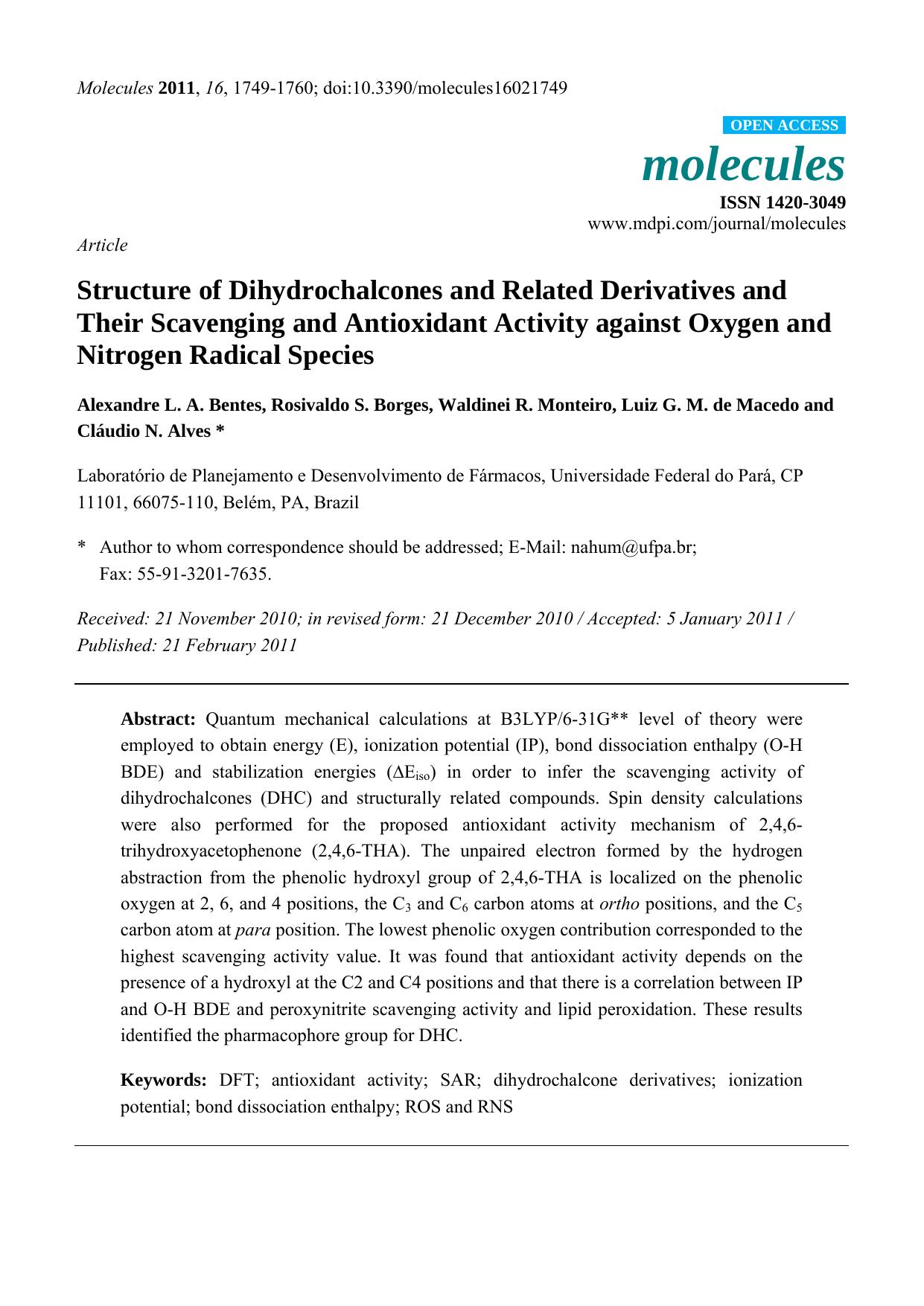 Structure of Dihydrochalcones and Related Derivatives and Their Scavenging and Antioxidant Activity against Oxygen and Nitrogen Radical Species by unknow