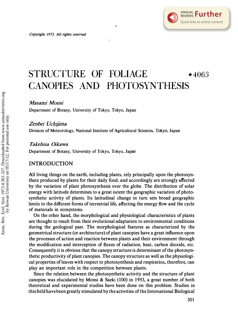 Structure of Foliage Canopies and Photosynthesis by M Monsi Z Uchijima and & T Oikawa