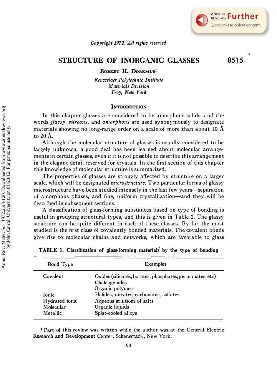 Structure of Inorganic Glasses by R H Doremus