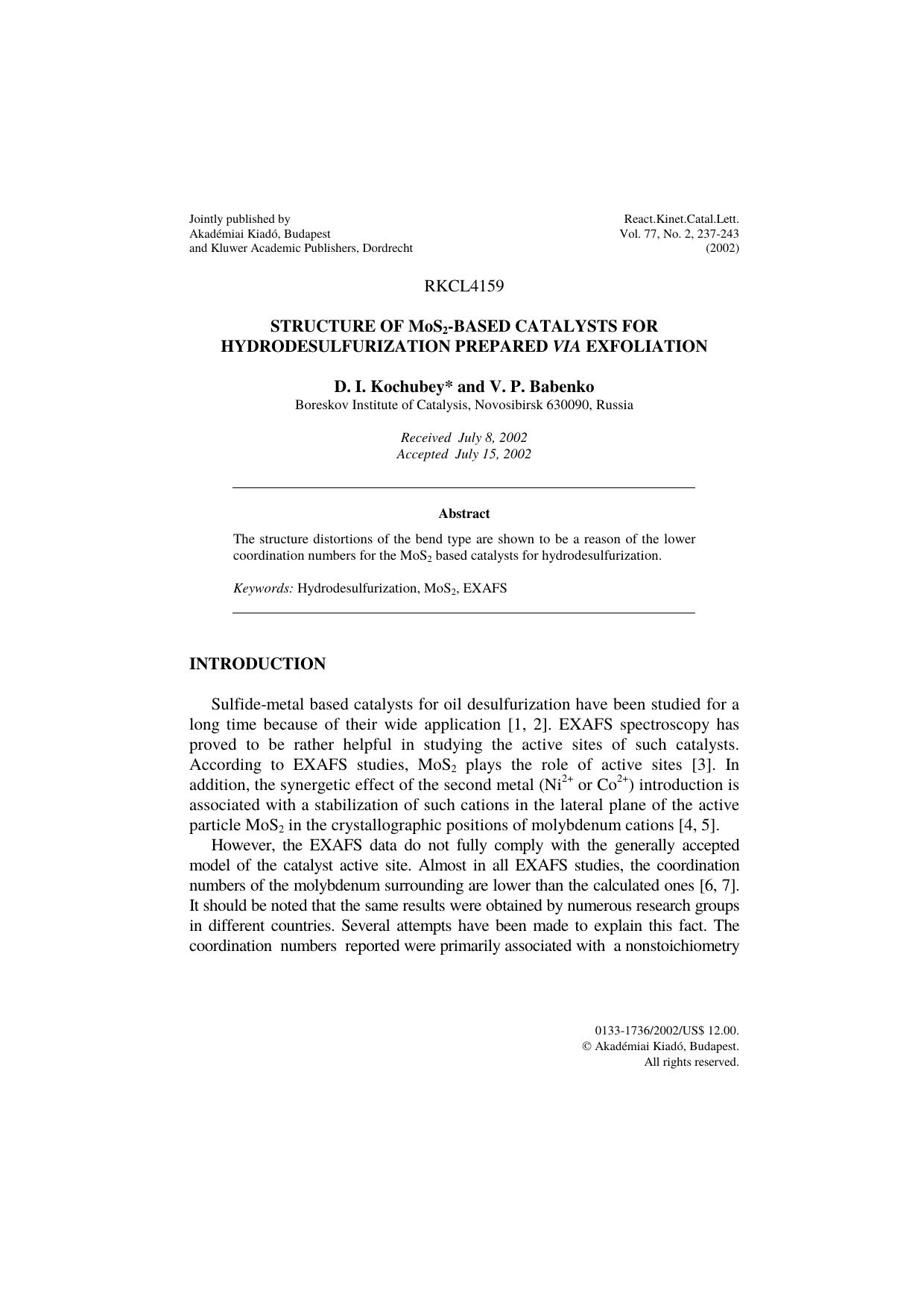 Structure of MoS<Subscript>2<Subscript>-based catalysts for hydrodesulfurization prepared via exfoliation by Unknown