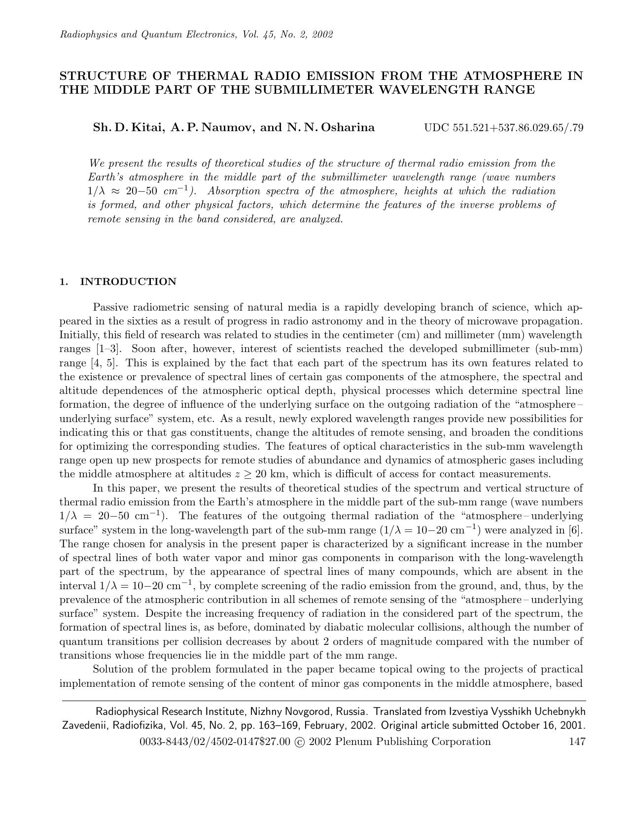 Structure of Thermal Radio Emission from the Atmosphere in the Middle Part of the Submillimeter Wavelength Range by Unknown