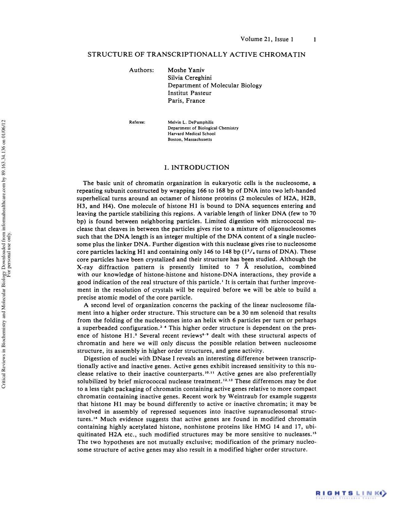 Structure of Transcriptionally Active Chromati by Moshe Yaniv Silvia Cereghini & Melvin L. Depamphilis