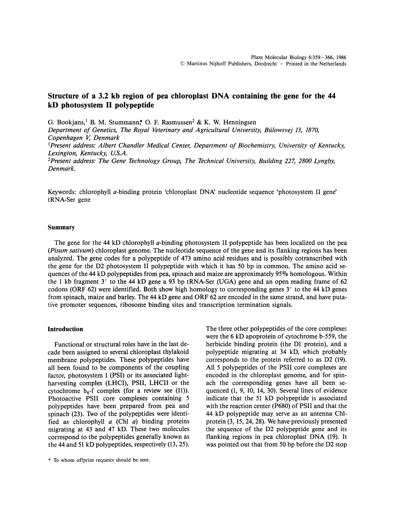 Structure of a 3.2 kb region of pea chloroplast DNA containing the gene for the 44 kD photosystem II polypeptide by Unknown