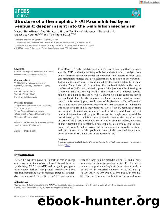 Structure of a thermophilic F1âATPase inhibited by an Îµâsubunit: deeper insight into the Îµâinhibition mechanism by Unknown