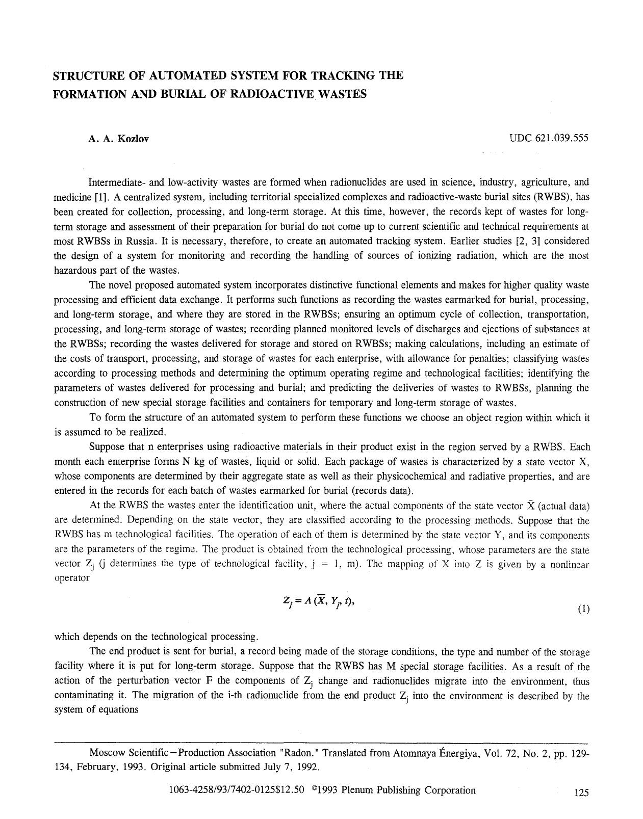Structure of automated system for tracking the formation and burial of radioactive wastes by Unknown