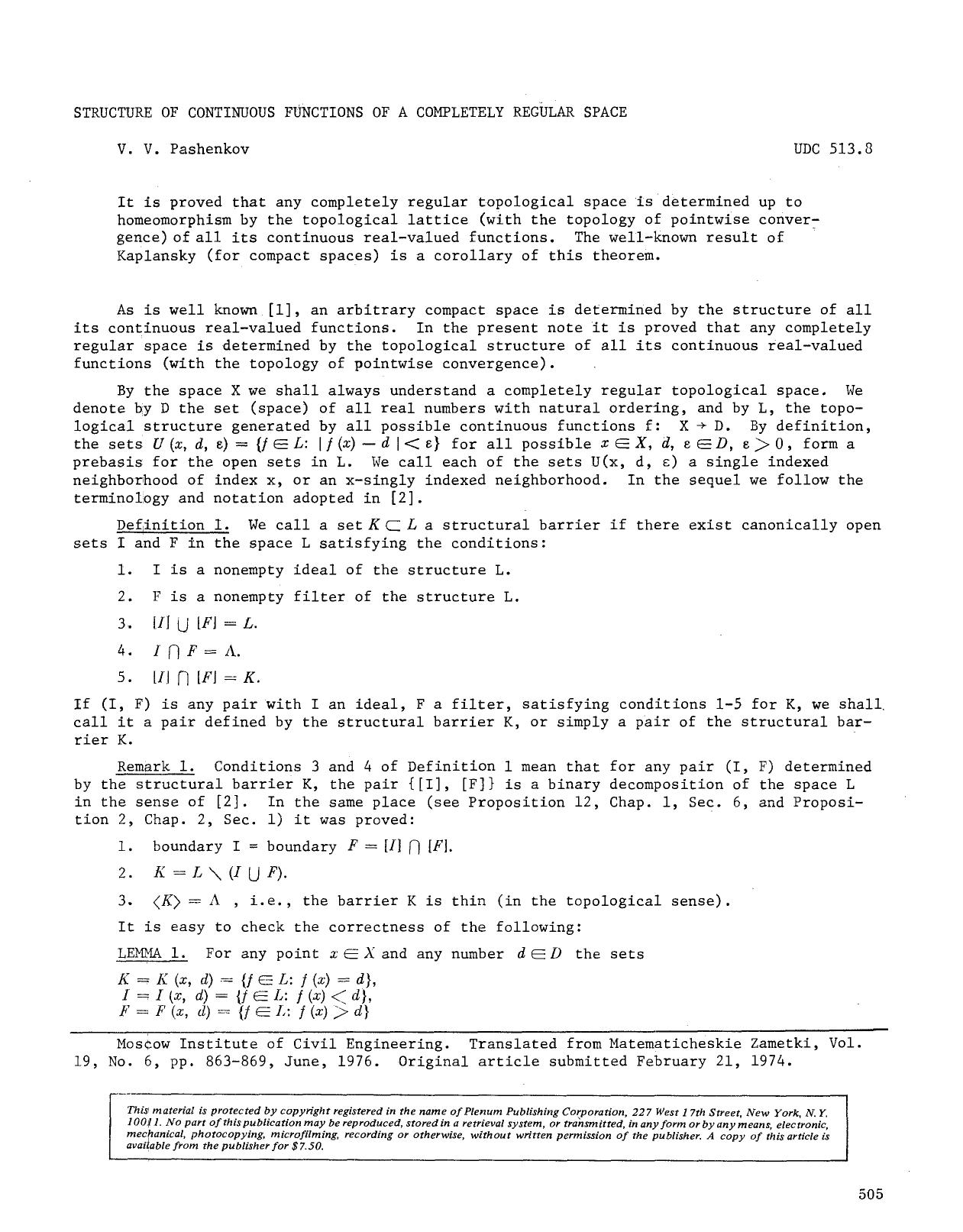 Structure of continuous functions of a completely regular space by Unknown