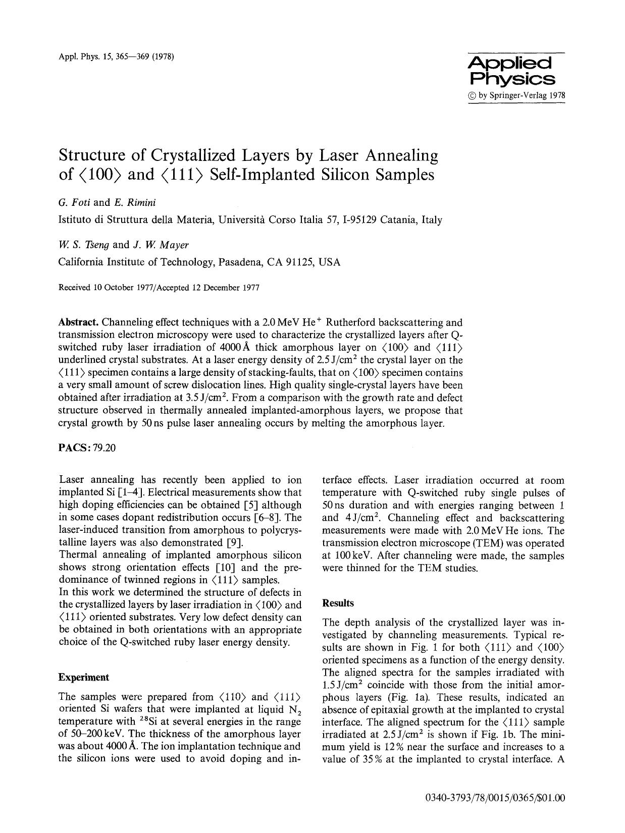Structure of crystallized layers by laser annealing of 〈100〉 and 〈111〉 self-implanted silicon samples by Unknown