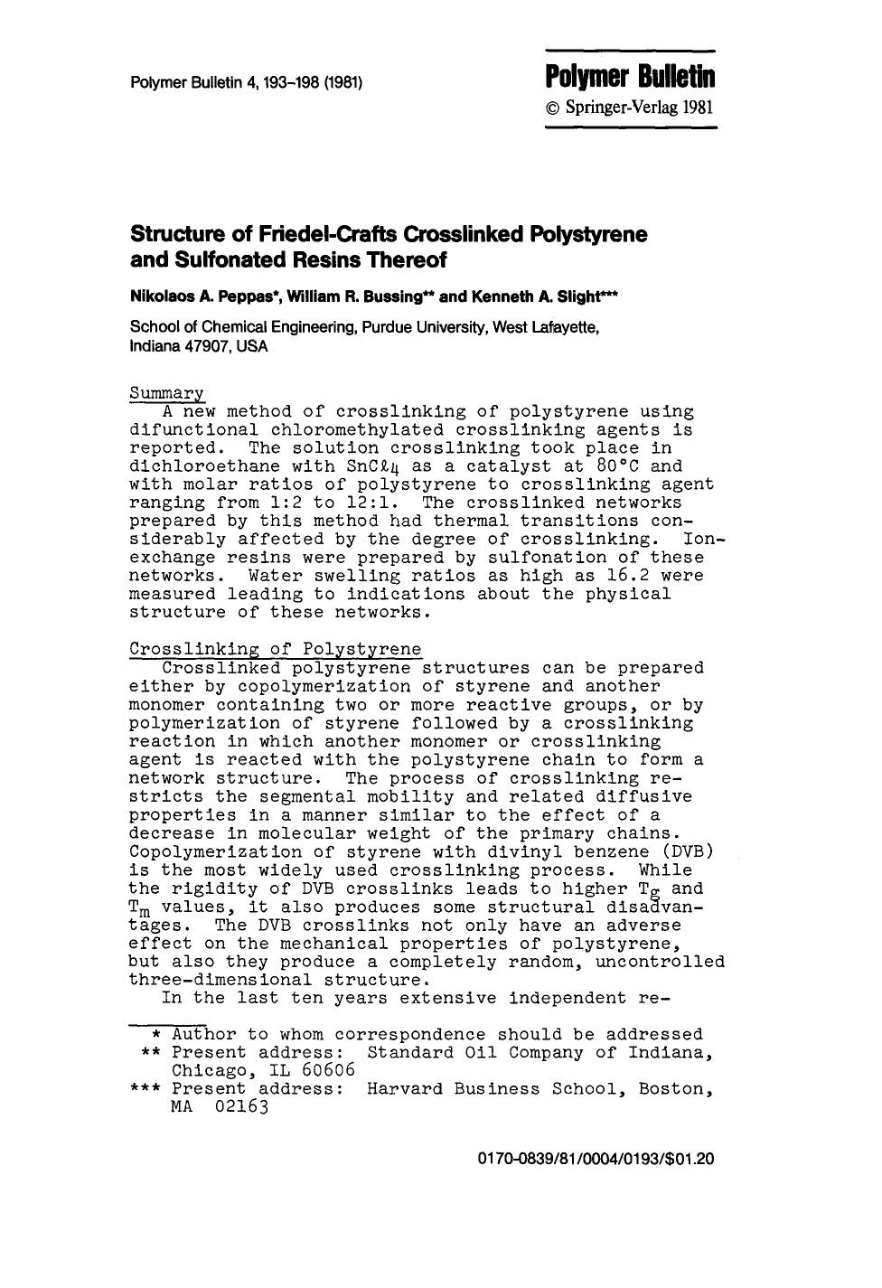 Structure of friedel-crafts crosslinked polystyrene and sulfonated resins thereof by Unknown