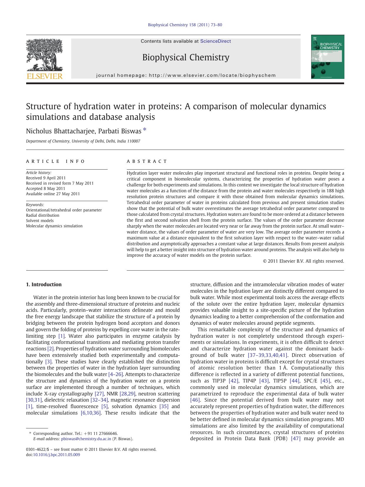 Structure of hydration water in proteins: A comparison of molecular dynamics simulations and database analysis by Nicholus Bhattacharjee & Parbati Biswas