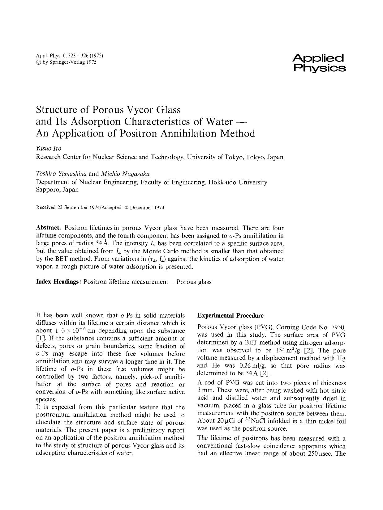 Structure of porous vycor glass and its adsorption characteristics of water —An application of positron annihilation method by Unknown
