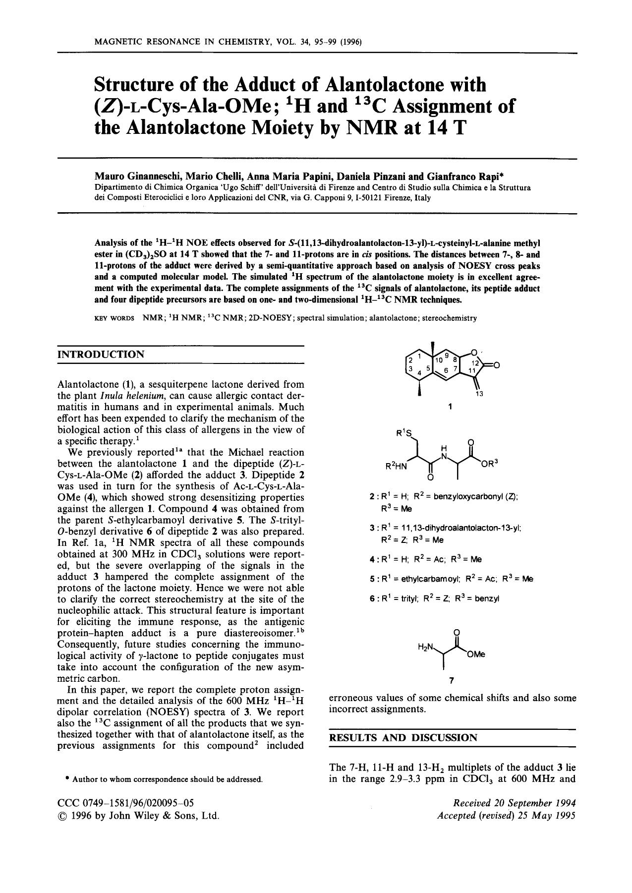 Structure of the Adduct of Alantolactone with (Z)-L-Cys-Ala-OMe; 1H and 13C Assignment of the Alantolactone Moiety by NMR at 14 T by Unknown