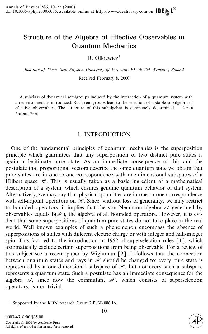 Structure of the Algebra of Effective Observables in Quantum Mechanics by Olkiewicz R