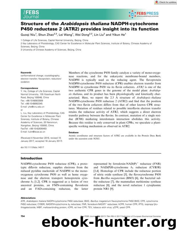 Structure of the Arabidopsis thaliana NADPHâcytochrome P450 reductase 2 (ATR2) provides insight into its function by Unknown