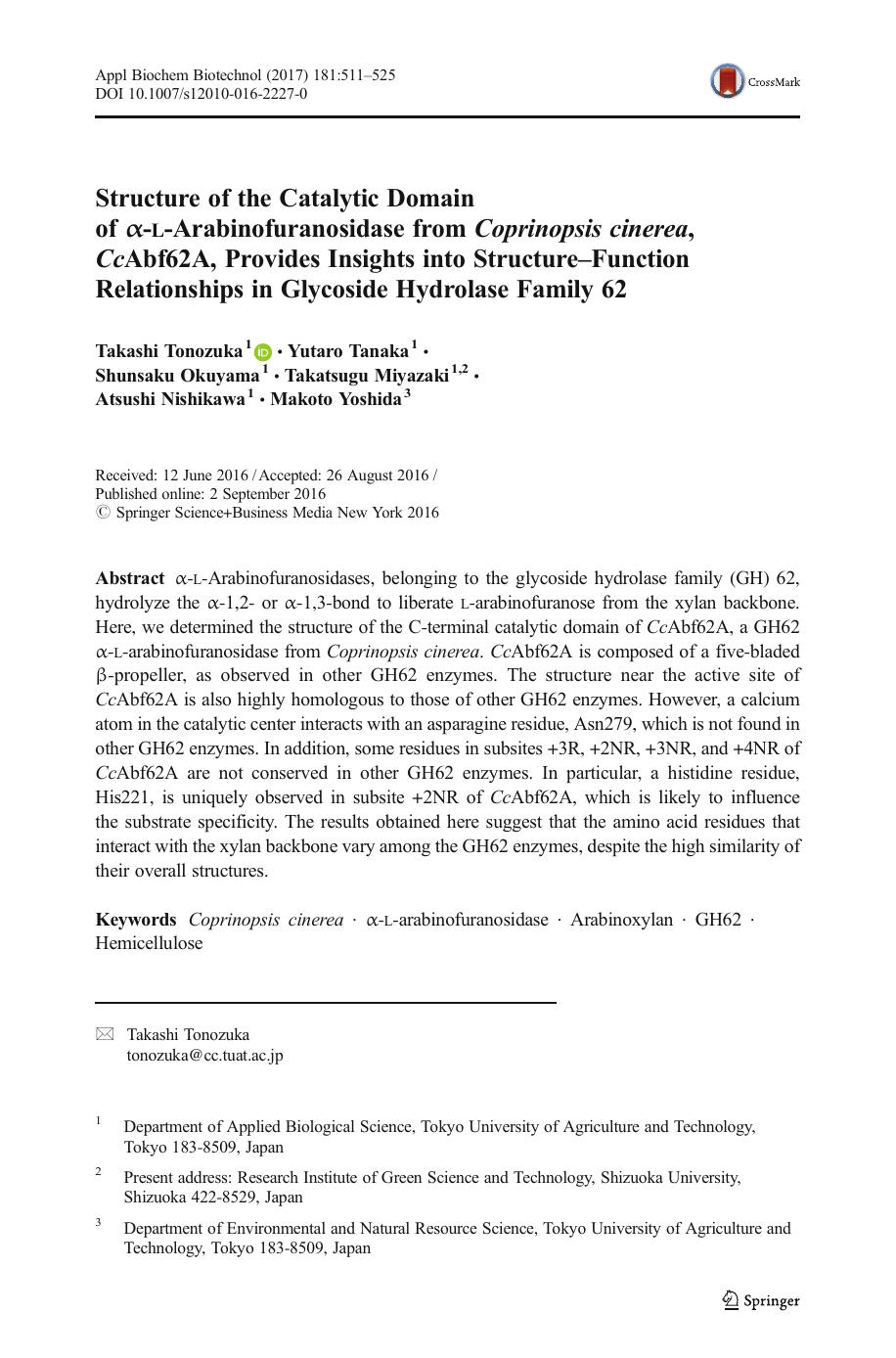 Structure of the Catalytic Domain of Î±-l-Arabinofuranosidase from Coprinopsis cinerea, CcAbf62A, Provides Insights into StructureâFunction Relationships in Glycoside Hydrolase Family 62 by unknow