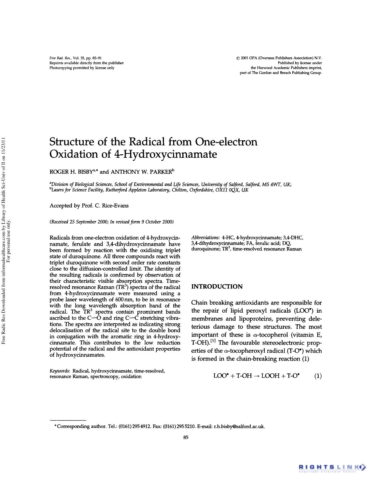 Structure of the radical from one-electron oxidation of 4-hydroxycinnamate by Roger H. Bisby & Anthony W. Parker