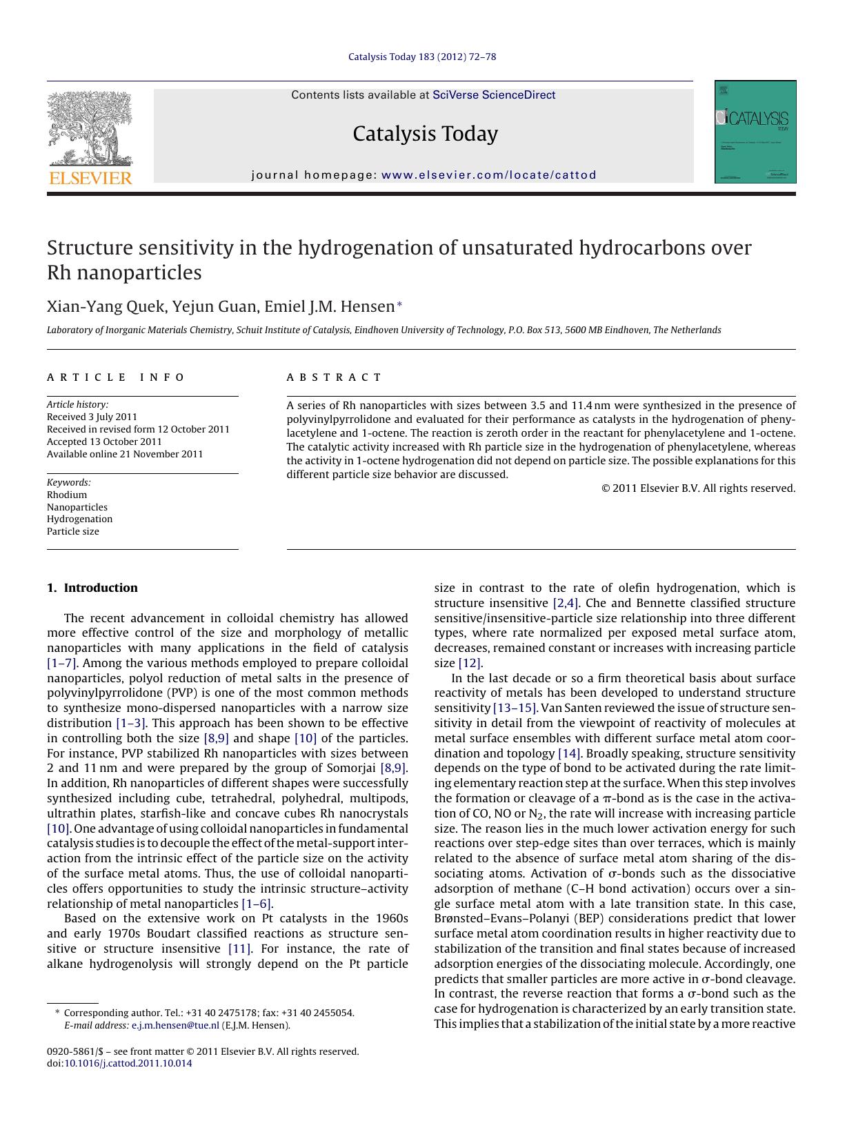 Structure sensitivity in the hydrogenation of unsaturated hydrocarbons over Rh nanoparticles by Xian-Yang Quek