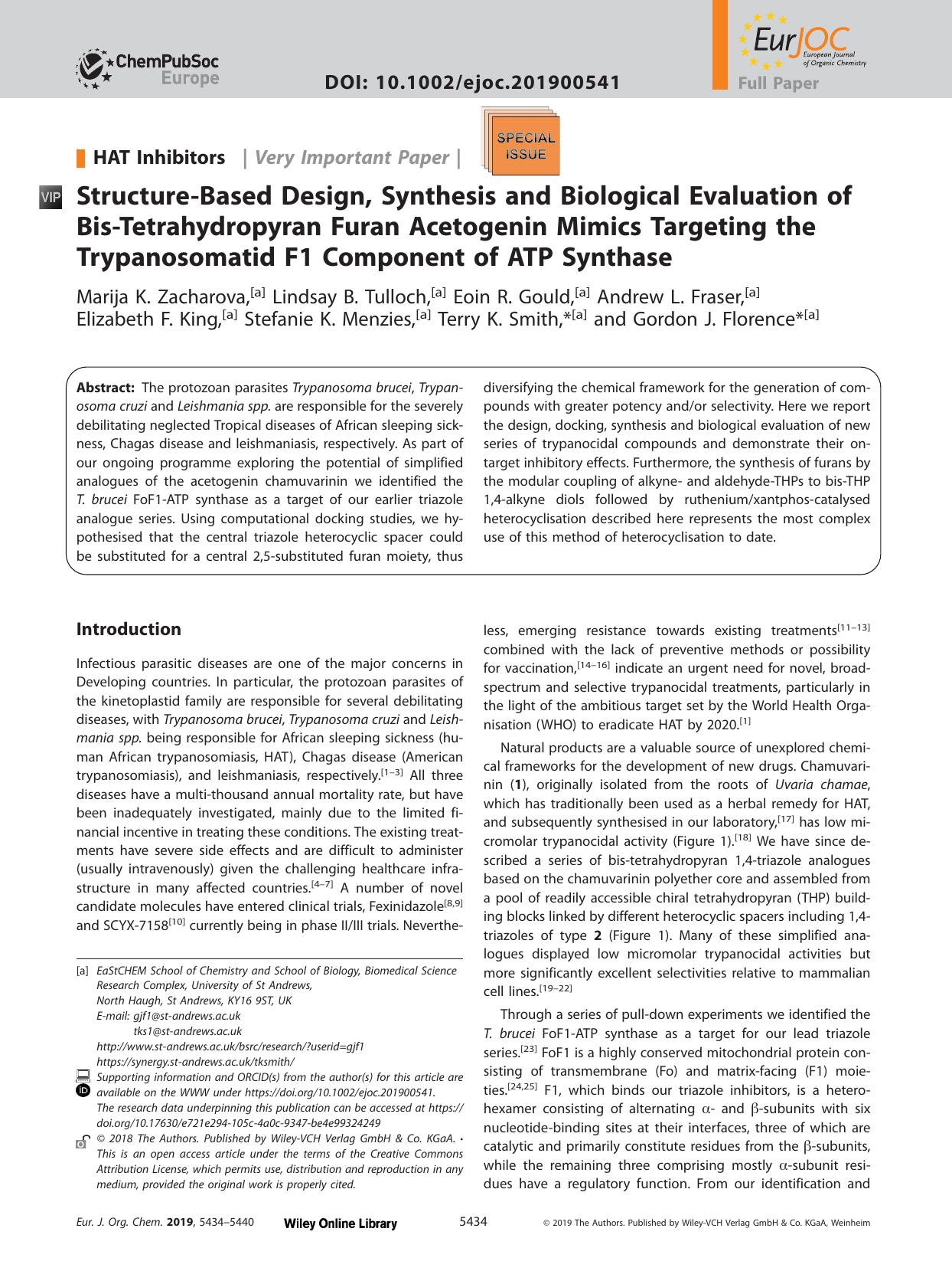 Structure‐Based Design, Synthesis and Biological Evaluation of Bis‐Tetrahydropyran Furan Acetogenin Mimics Targeting the Trypanosomatid F1 Component of ATP Synthase by Unknown