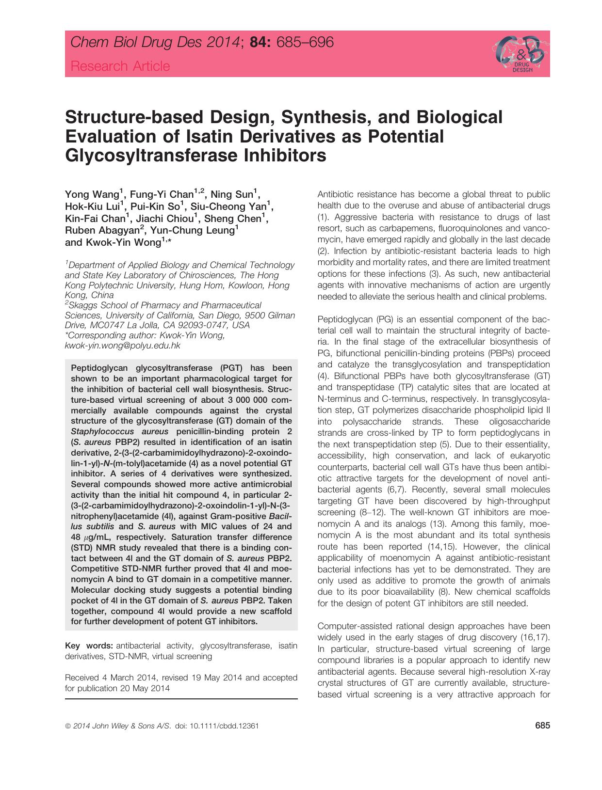 Structure‐based Design, Synthesis, and Biological Evaluation of Isatin Derivatives as Potential Glycosyltransferase Inhibitors by unknow