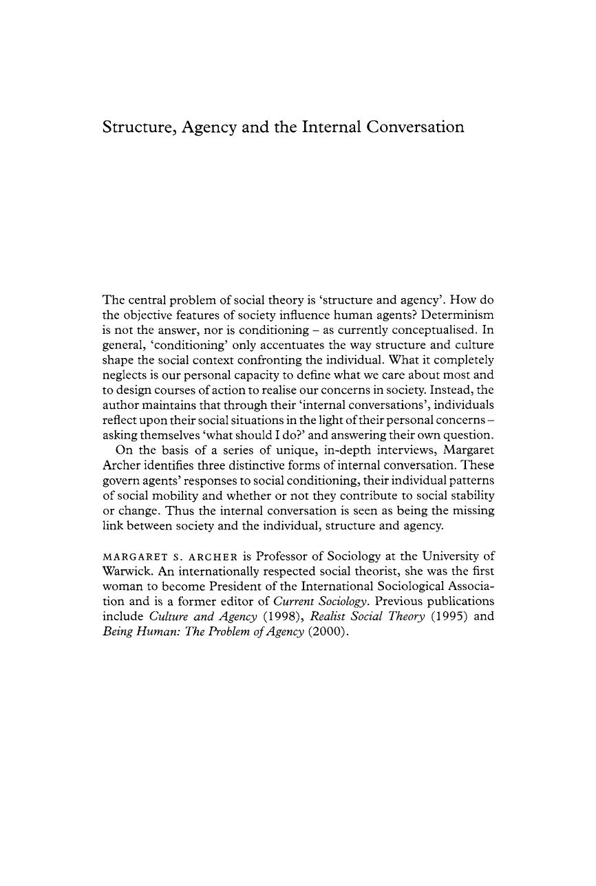 Structure, Agency and the Internal Conversation by Margaret S. Archer