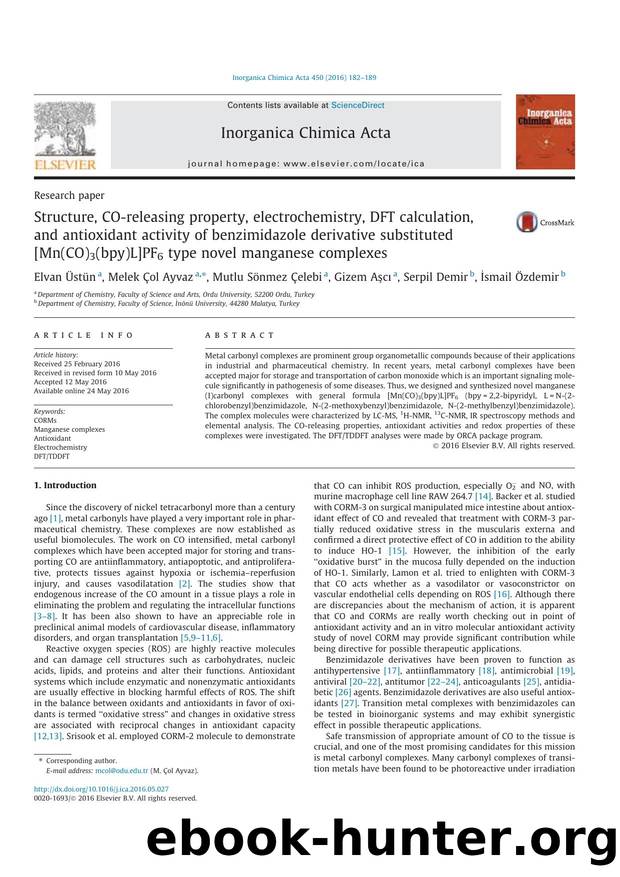 Structure, CO-releasing property, electrochemistry, DFT calculation, and antioxidant activity of benzimidazole derivative substituted [Mn(CO)3(bpy)L]PF6 type novel manganese complexes by unknow