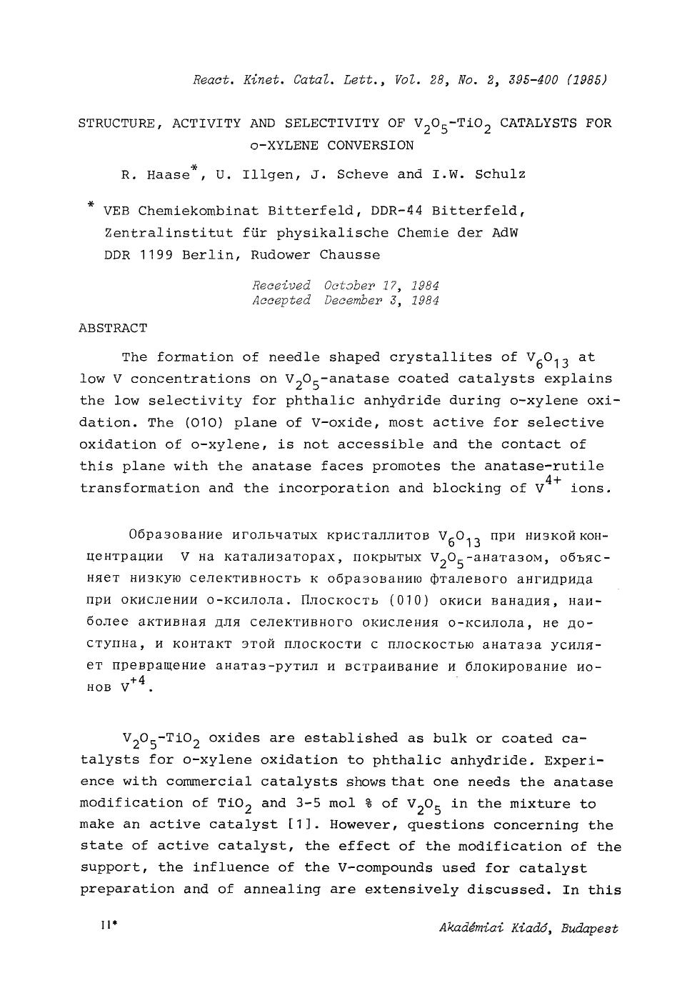 Structure, activity and selectivity of V <Subscript>2 <Subscript>O <Subscript>5 <Subscript>-TiO <Subscript>2 <Subscript> catalysts for o-xylene conversion by Unknown
