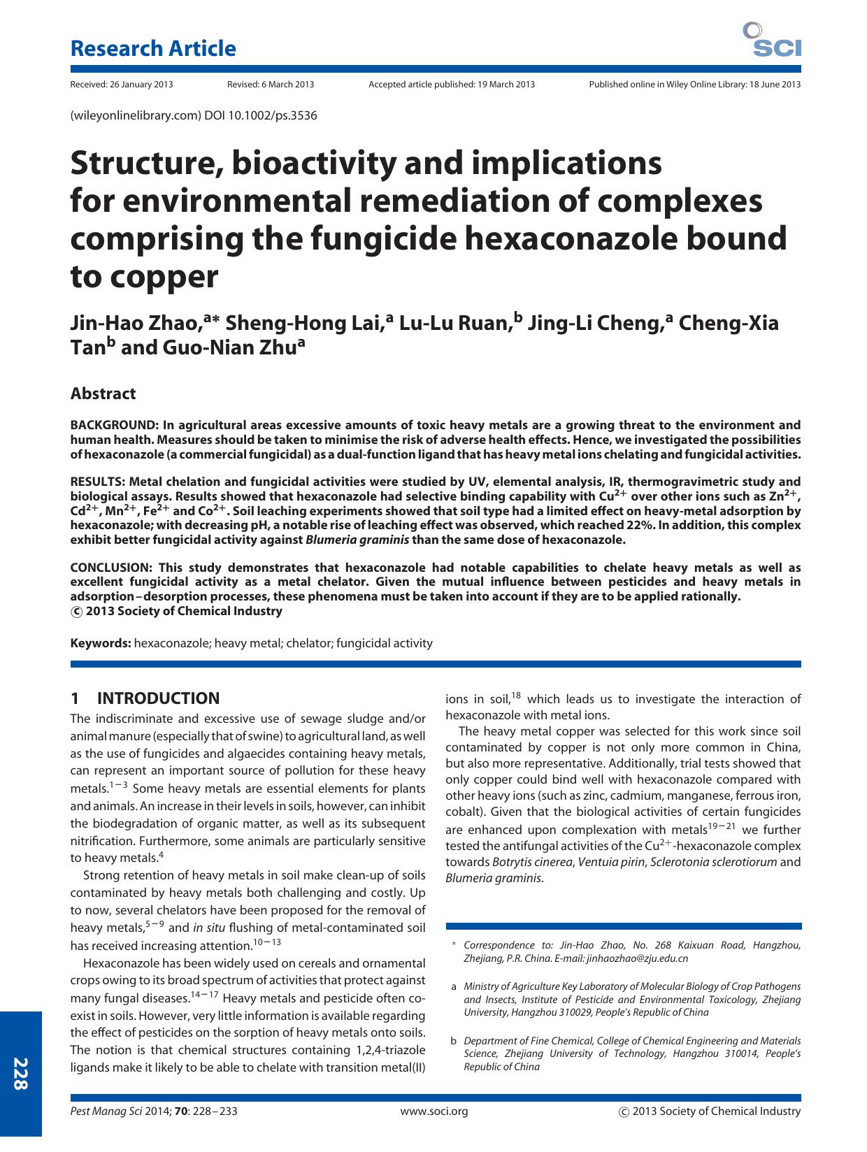Structure, bioactivity and implications for environmental remediation of complexes comprising the fungicide hexaconazole bound to copper by Unknown