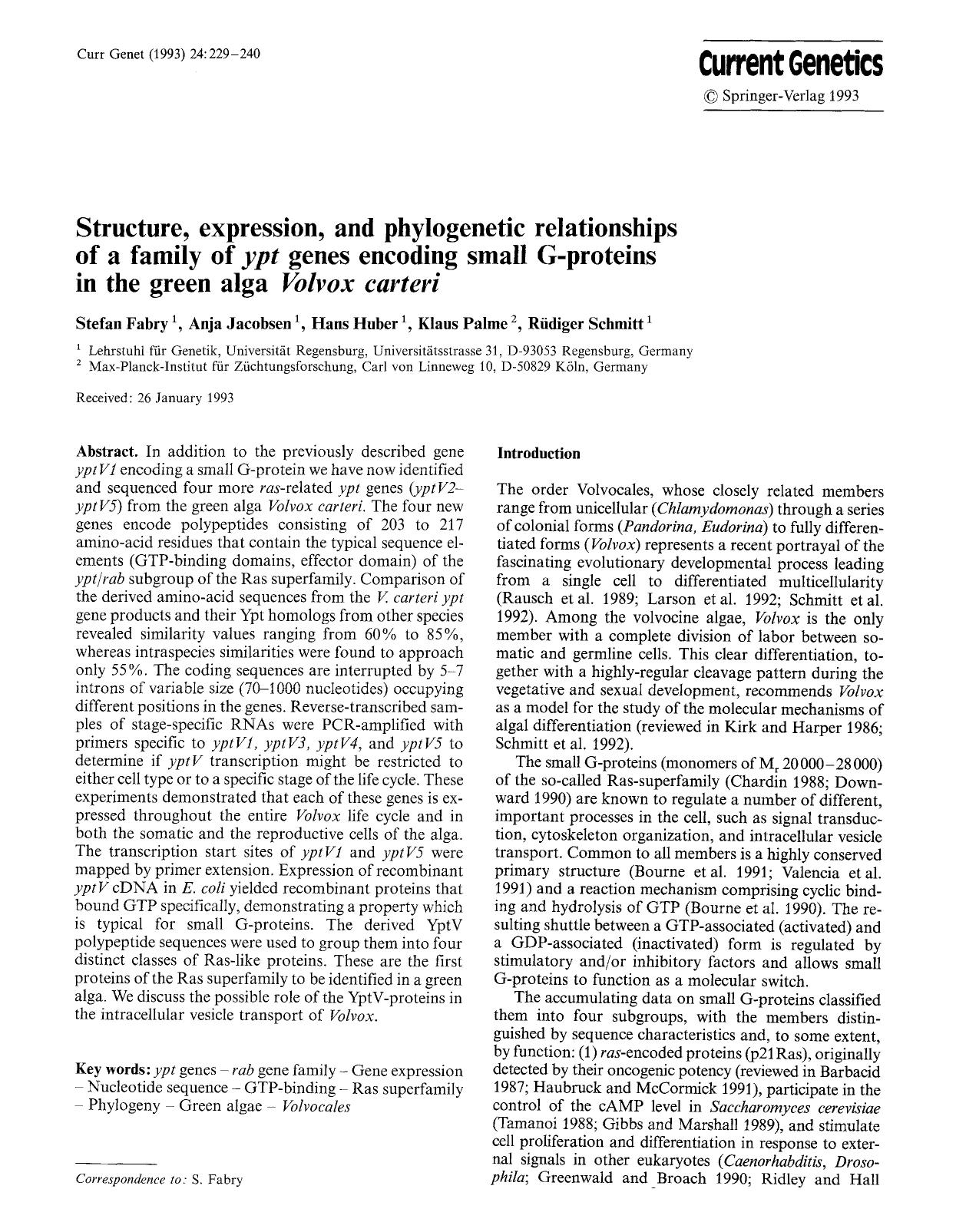 Structure, expression, and phylogenetic relationships of a family of <Emphasis Type="Italic">ypt<Emphasis> genes encoding small G-proteins in the green alga <Emphasis Type="Italic" by Unknown