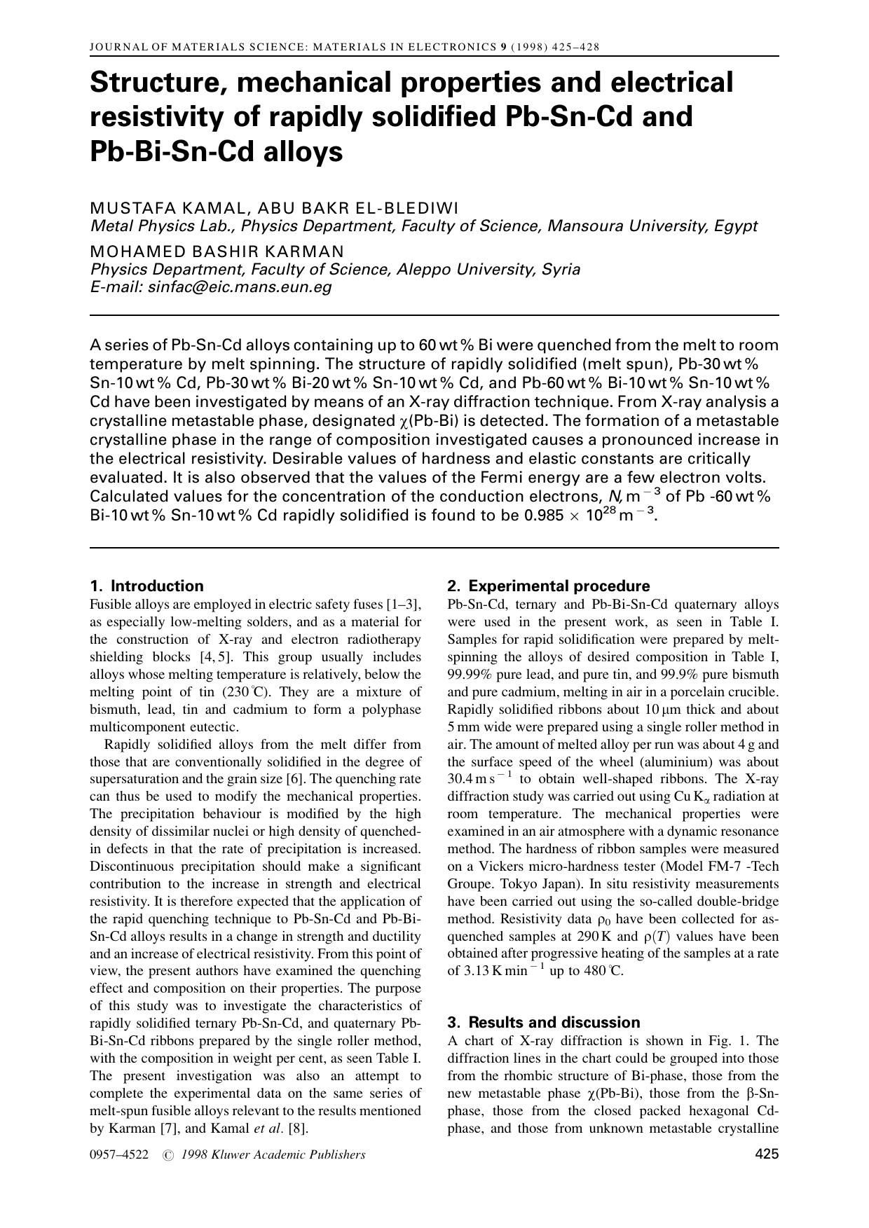Structure, mechanical properties and electrical resistivity of rapidly solidified Pb-Sn-Cd and Pb-Bi-Sn-Cd alloys by Unknown