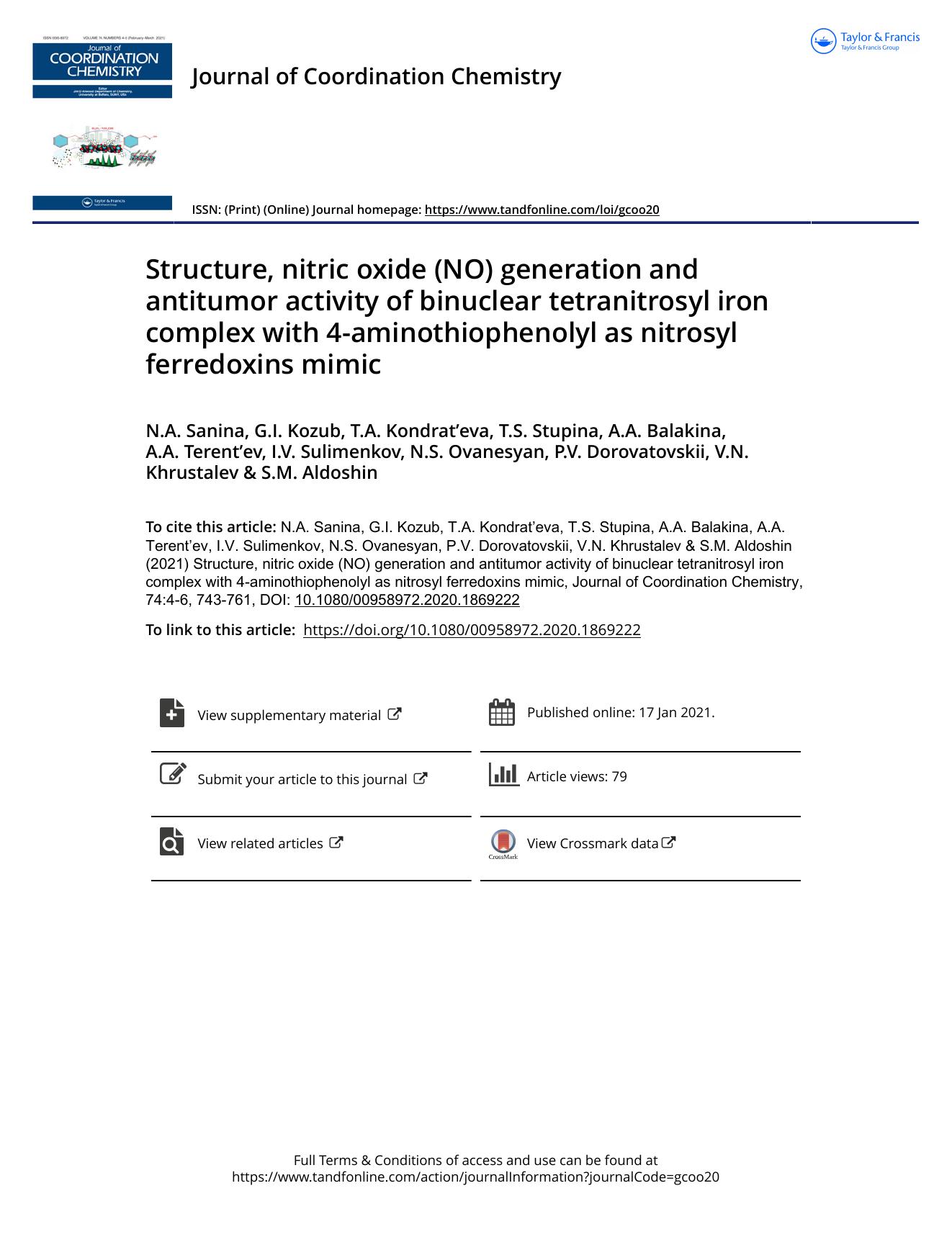 Structure, nitric oxide (NO) generation and antitumor activity of binuclear tetranitrosyl iron complex with 4-aminothiophenolyl as nitrosyl ferredoxins mimic by unknow