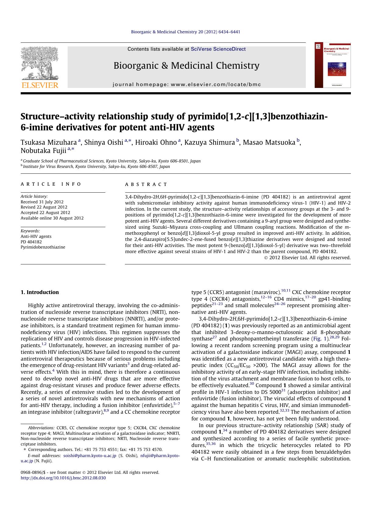 StructureÃ¢â¬âactivity relationship study of pyrimido[1,2-c][1,3]benzothiazin-6-imine derivatives for potent anti-HIV agents by Tsukasa Mizuhara & Shinya Oishi & Hiroaki Ohno & Kazuya Shimura & Masao Matsuoka & Nobutaka Fujii