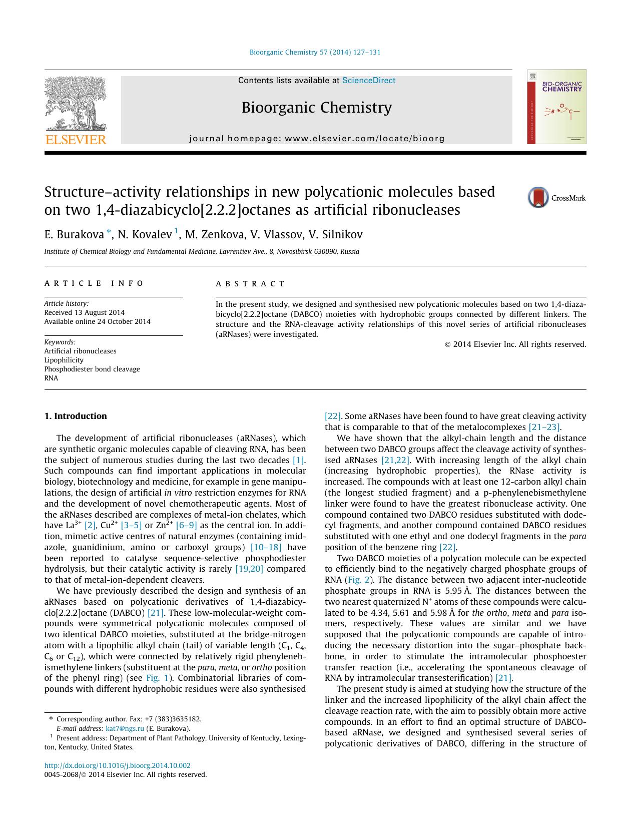 StructureÃ¢â¬âactivity relationships in new polycationic molecules based on two 1,4-diazabicyclo[2.2.2]octanes as artificial ribonucleases by E. Burakova & N. Kovalev & M. Zenkova & V. Vlassov & V. Silnikov