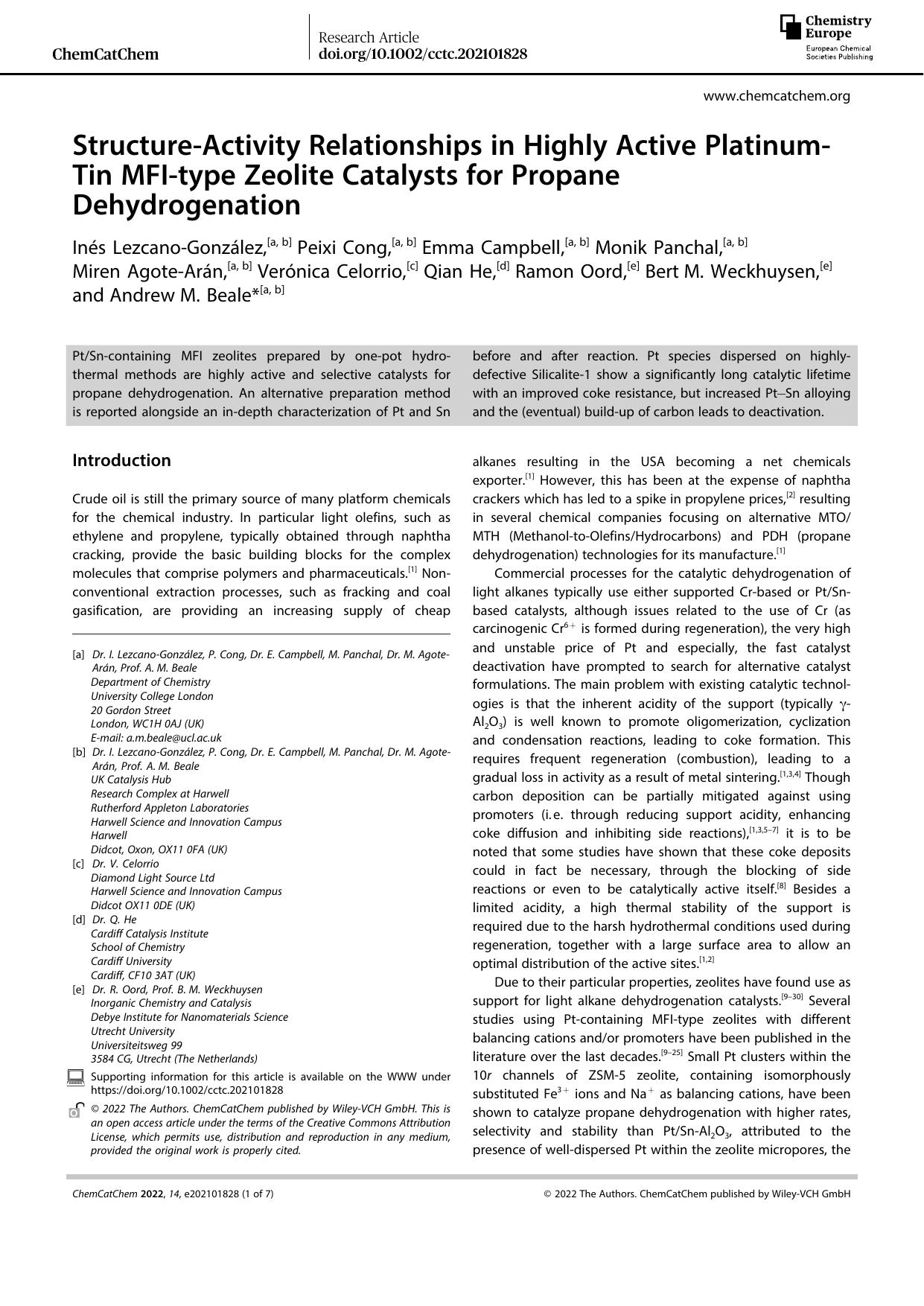 StructureâActivity Relationships in Highly Active PlatinumâTin MFIâtype Zeolite Catalysts for Propane Dehydrogenation by Unknown