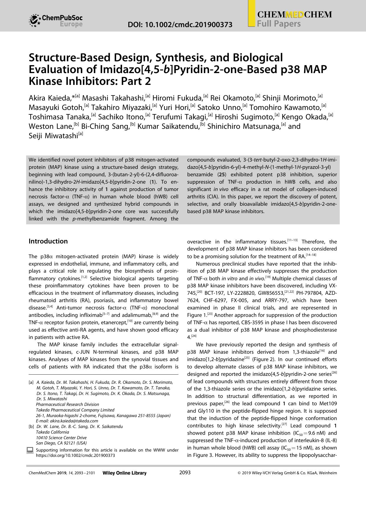 StructureâBased Design, Synthesis, and Biological Evaluation of Imidazo[4,5âb]Pyridinâ2âoneâBased p38 MAP Kinase Inhibitors: Partâ2 by Unknown