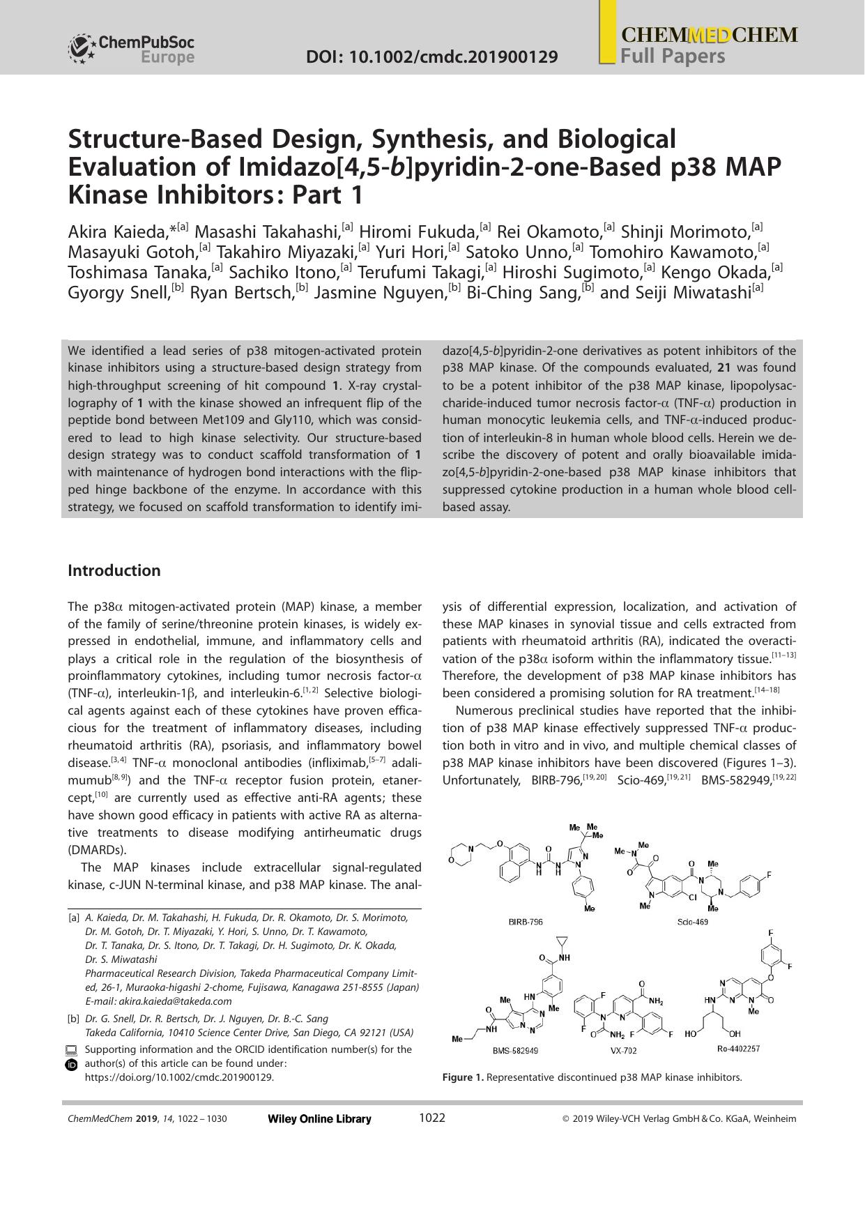 StructureâBased Design, Synthesis, and Biological Evaluation of Imidazo[4,5âb]pyridinâ2âoneâBased p38 MAP Kinase Inhibitors: Part 1 by Unknown