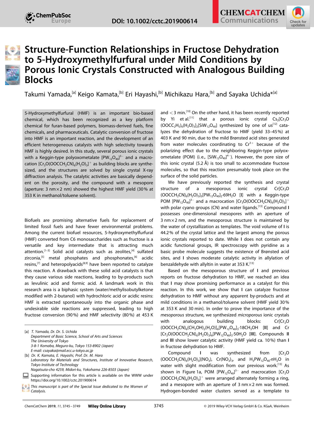 StructureâFunction Relationships in Fructose Dehydration to 5âHydroxymethylfurfural under Mild Conditions by Porous Ionic Crystals Constructed with Analogous Building Blocks by Unknown