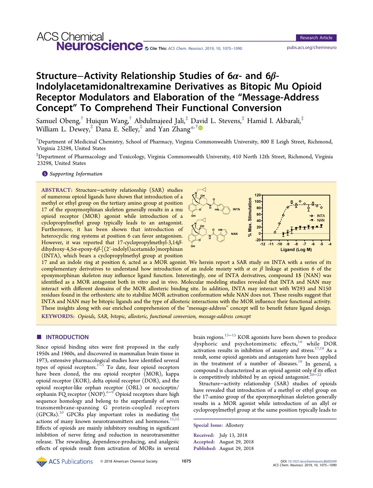 StructureâActivity Relationship Studies of 6Î±- and 6Î²-Indolylacetamidonaltrexamine Derivatives as Bitopic Mu Opioid Receptor Modulators and Elaboration of the âMessage-Addres by unknow