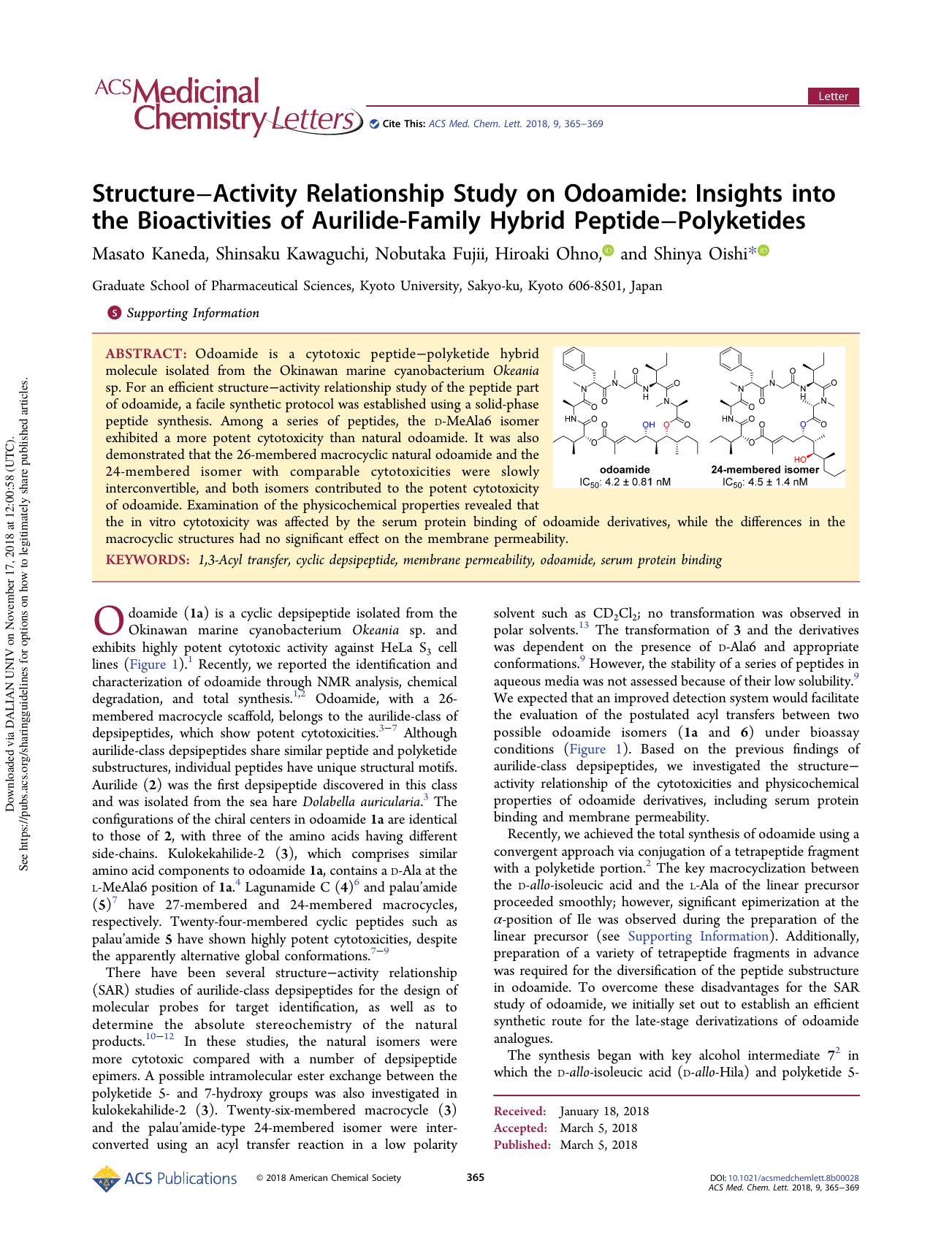 StructureâActivity Relationship Study on Odoamide: Insights into the Bioactivities of Aurilide-Family Hybrid PeptideâPolyketides by Masato Kaneda Shinsaku Kawaguchi Nobutaka Fujii Hiroaki Ohno & Shinya Oishi