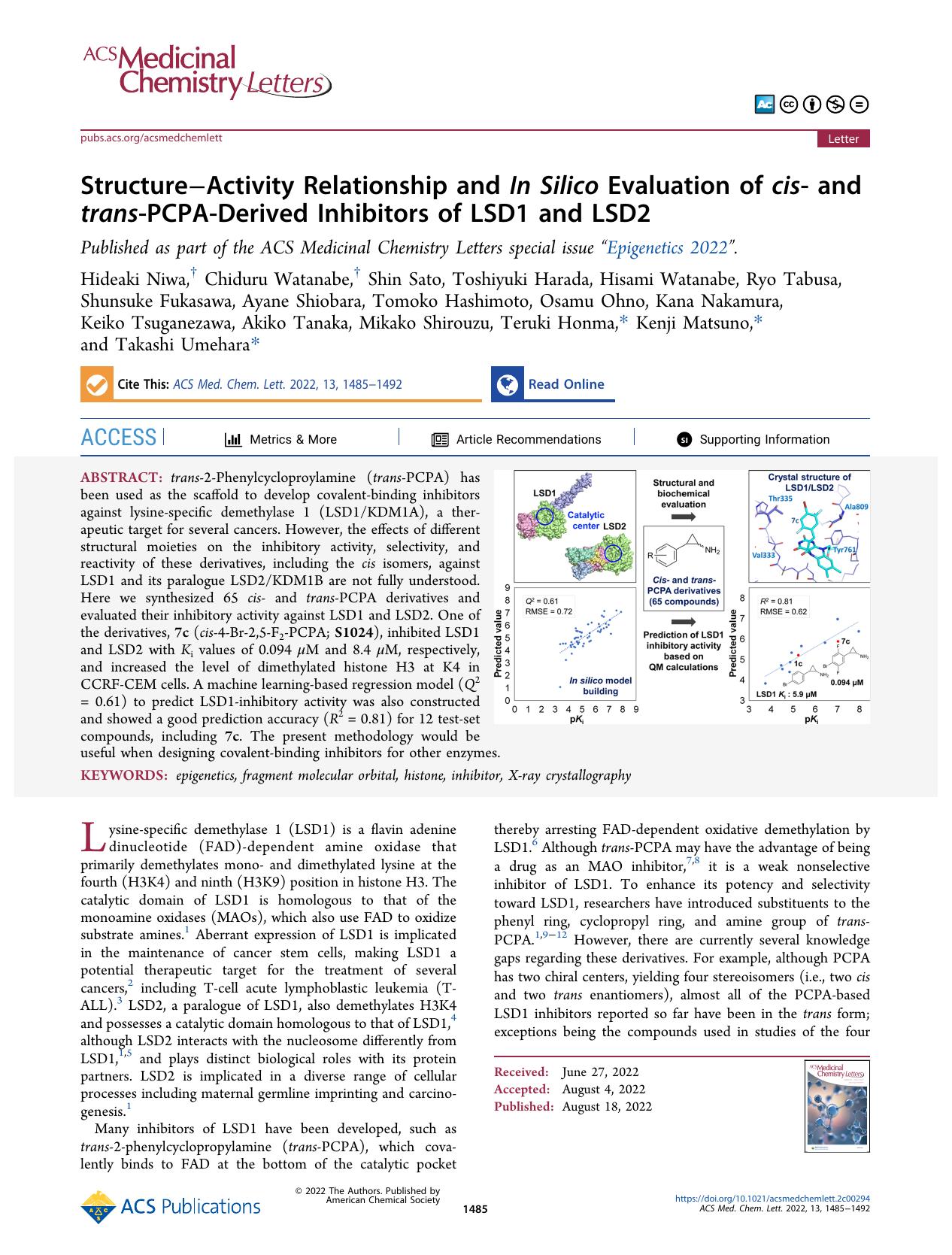 StructureâActivity Relationship and In Silico Evaluation of cis- and trans-PCPA-Derived Inhibitors of LSD1 and LSD2 by unknow