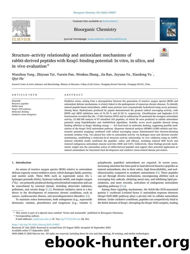 Structureâactivity relationship and antioxidant mechanisms of rabbit-derived peptides with Keap1-binding potential: In vitro, in silico, and in vivo evaluation by Wanzhou Yang & Zhiyuan Tai & Yuexin Pan & Wenhao Zhang & Jia Ran & Zeyuan Yu & Xiaodong Yu & Qiyi He